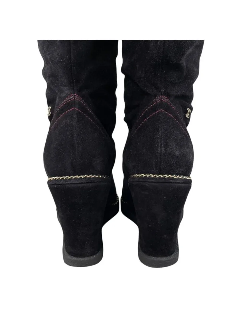 Chanel Long Boots CC Logo Chain Suede Black Gold 35.5